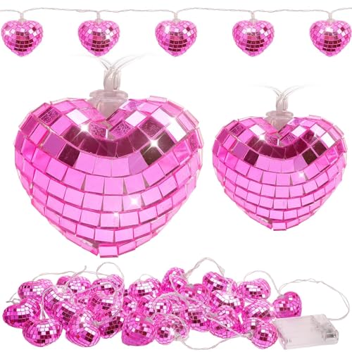 24 Valentine’s Day Disco Ball String Lights LED Love-Heart Mirror Disco Ball Ornaments Bachelorette Party Supplies Mini Disco Ball Tree Ornament Disco Ball with String (Pink)