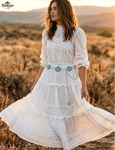 Image of Turquoise Chain Belt for Women, Western Cowgirl Concho Belt | Turquoise Concho Accents with Silver Chains for Western, Cowgirl, Rodeo, Festival and Denim Looks