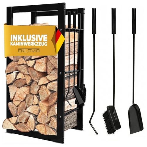 Eklavia Kaminholzregal mit Kaminbesteck (3-tlg.) – 80x40x25 cm – pulverbeschichtetes, rostbeständiges Brennholzregal/Holzlager für innen & außen – Schwarz Deko Holz