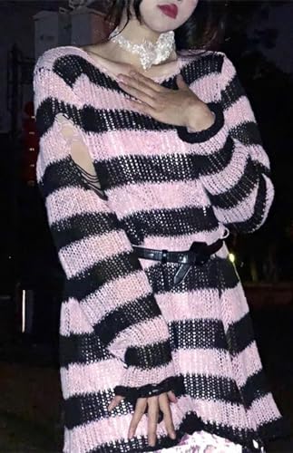 Image of Goth Y2K Striped Sweater Grunge Ripped Punk Gothic Sweaters for Women
