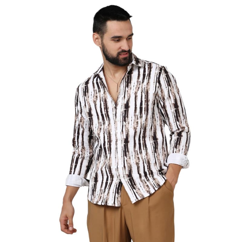 Image of CAHOOT Men's Self-Design Striped Shirt for Casual Wear | Spread Collar | Long Sleeve | Button Closure | Shirt Crafted with Comfort Fit for Everyday Wear
