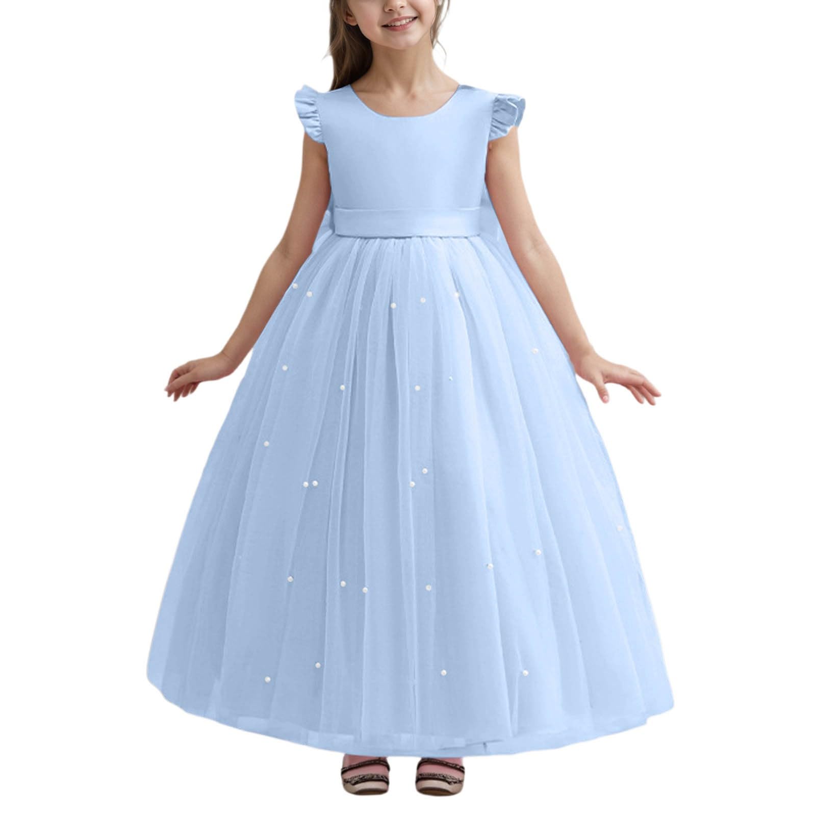 Vestito Elegante Bambina Abito Cerimonia Bambina Senza Maniche con Volant Abiti da Sera Eleganti con Fiocco Casual Moda Tinta Unita Vestiti Estivi per Feste di Compleanno 7-14 Anni