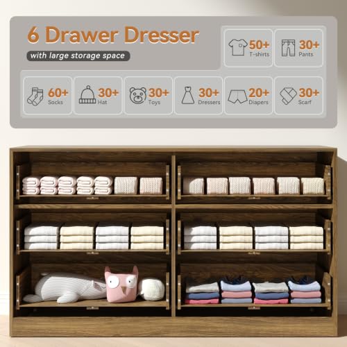 Image of Walnut Dresser for Bedroom, 6 Drawer Dresser with Smooth-Gliding Drawers