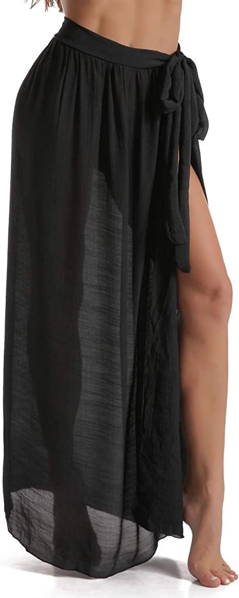 Beach Sarong Pareo Womens Semi-Sheer Swimwear Cover Ups Short Skirt with Tassels/Black