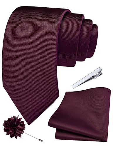Image of Branduce 3.15 inch（8cm） Solid Formal Tie and Pocket Square Plain Necktie Lapel Pin and Tie Clip Set for Men
