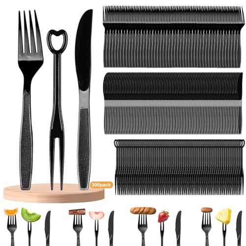 300 Stück Plastikbesteck Schwarz Set, Enthalten Plastikgabeln, Kleine Obstgabel, Plastik Messer, Party Besteck Plastik für Familienfeiern, Outdoor...
