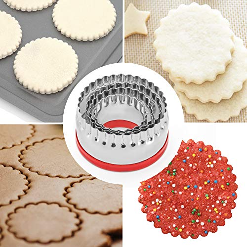 Cookieque 4-Pieces Fluted Round Cookie Cutters, Metal Circle Biscuit Cutters Set, Wave Cookies Cutter With Fluted Edge, Unique Design With Protective Red Top Pvc #TOP4