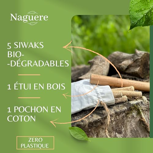 Naguère Siwak Naturprodukt mit Etui, Set mit 5 Miswak Stäbchen für die Reinigung der Zähne, ohne Konservierungsstoffe