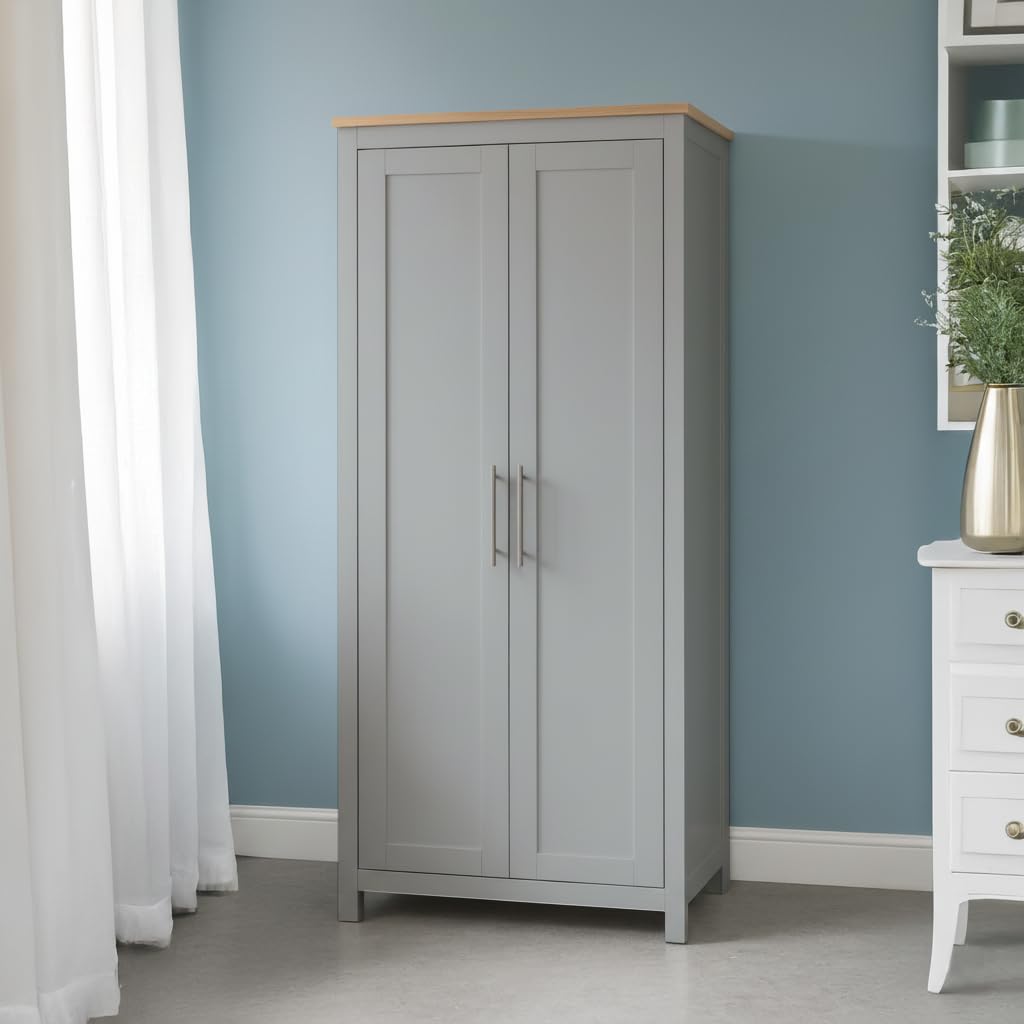 Home Treats Modern Grey & Pine 2 Door Wardrobe | Stylish Bedroom Storage Cupboard with Hanging Rail & Shelf, Wooden Clothes Storage Contemporary Design (Grey, Wardrobe)