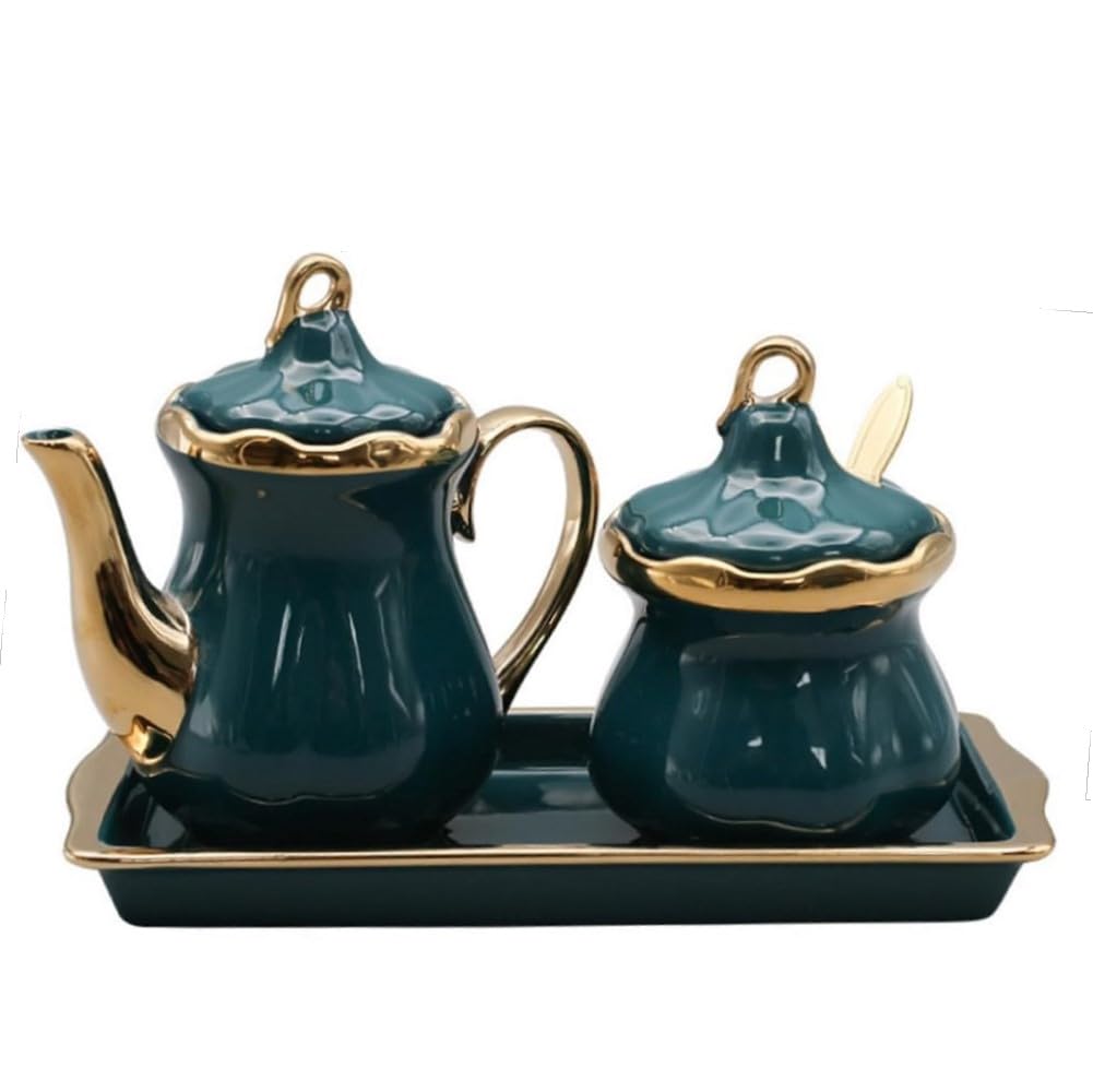 MAGICVOGEL Ceramic Milk Jug and Sugar Bowl Set, Sugar Container, Milk Jug with Tray, Spice Jar with Lid and Spoon, Cream Jug, Coffee Service Set for Home, Café, Bar (Green)