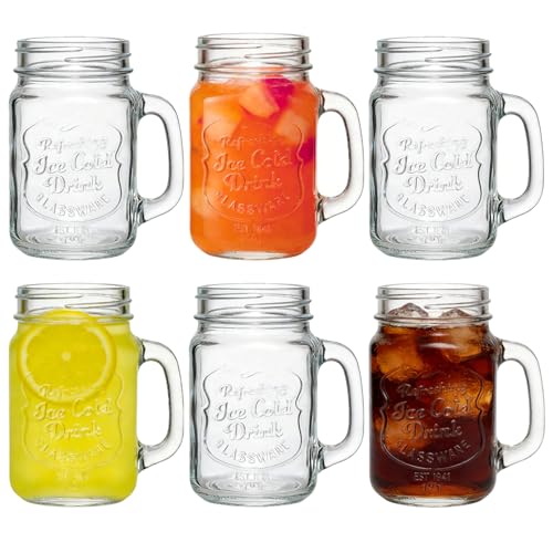 PYVYLO Mason Jar Cups Set of 6,16 oz Mason Jar with Handle, Clear Glass Drinking Glasses for Cold Beverages