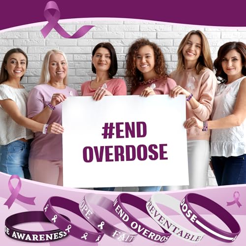 Image of Landical 120 Pcs Overdose Awareness Silicone Bracelets Purple Ribbon Motivational Rubber Wristbands Colored Overdose Awarenesswristbands for Event Support Charity Supplies Favor