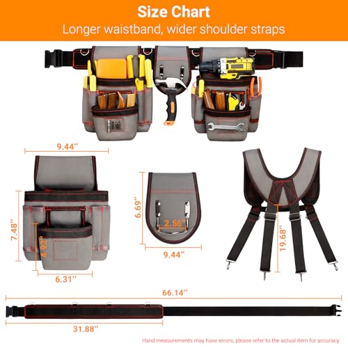 Tool Belt for Men, Professional Tool Belts with Suspenders, Magnetic Tool Pouch, Adjustable Utility Belt Tools Organizer, Heavy Duty Construction Work Bags Tool Pouch for Electrician, Carpenter