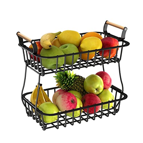 Cesta de frutas de 2 niveles para encimera de cocina, cesta de frutas de pan y verduras con mango de madera, cesta de alambre rectangular de metal desmontable, color negro Cover