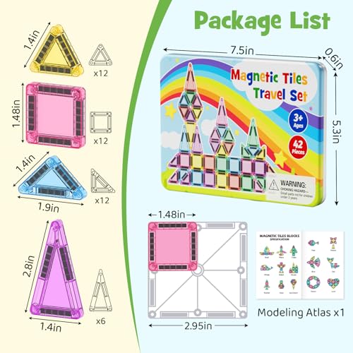 Image of Magnetic Tiles Travel Set Toddlers: 42PCS Mini Building Blocks for Planes | Iron Case Flips to Play Base, 1:1 STEM Visual Guide Teaches Cleanup, Candy Colors Quiet Car Ride Activities for Kids Ages 3-5