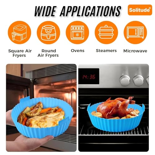 Image of Solitude Air Fryer Liner I Round Silicone Basket Baking Tray I Pot with Ear Handles I Nonstick Reusable Heat Resistant I Cooking Oven Insert Accessories - Multicolor (8 Inch, 1 Piece)