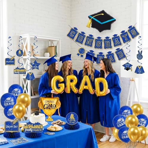Image of Royal Blue and Gold Graduation Party Decorations 2026 - Class of 2026 Grad Balloons Garland Kit with Banner, Honeycomb Centerpieces, Hanging Swirls, Foil Trophy Balloons for Prom Senior Night