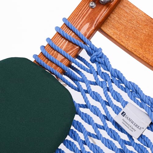Image of SANIWERKE Porch Swing for 2, Double Hammock Swing with Footrest & S-Armrest, Adjustable Hanging, Durable Rope Net&Thick Wood, 650LBS, 50 inch Wide, Luxe Reclining Duo Swing for Patio Porch(Coastal Blue)