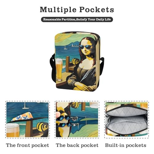 Crossbody Sling Bag for Women Men, Zipper Closure Messenger Bags Mona Lisa at Beach Print with Card Phone Passport Compartment 6.6×9.4×2.5 IN2