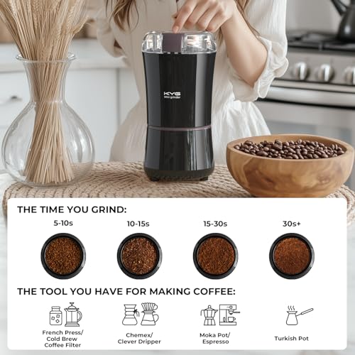 KYG Elektrische Kaffeemühle für Espressobohnen, Nüsse & Körner, leistungsstarke kompakte Kaffeebohnenmühle Ein-Knopf-Bedienung & Edelstahlklingen 200w Schwarz – Bild 5