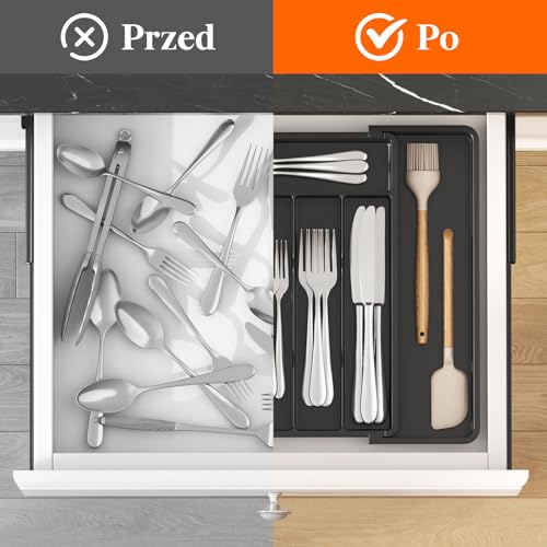 Lifewit Organizer do Szuflady na Sztućce, Wkład do Szuflady, Organizer na Przybory Kuchenne, Kompakt Plastlåda med Plats för Skedar, Gafflar, Knivar, 24-41 x 34 cm, Czarny