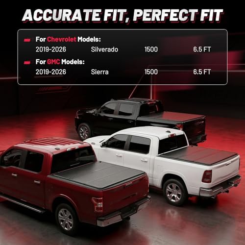 Image of BDFHYK Hard Tri-Fold Tonneau Cover for Chevy Silverado GMC Sierra 1500 2019-2026 6.6 FT (79.4 inch) Bed, Waterproof Low Profile Truck Bed Cover with Anti-Theft Lock, Easy Install for Camping Work Trucks
