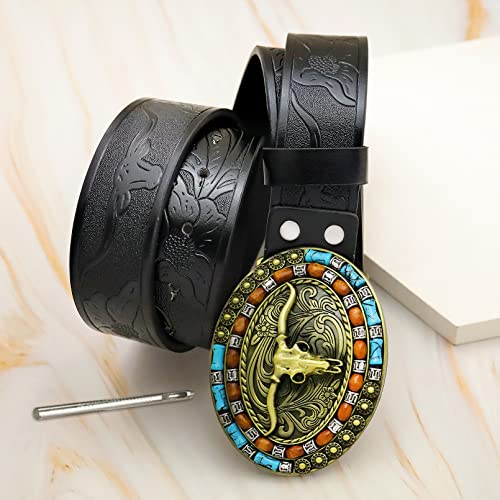 RechicGu Mens Western Leather Buckle Belt, Bull Head Engraved Brown Cowboy Belts With LongHorn Bull Buckles, 1-1/2 Inch Wide3
