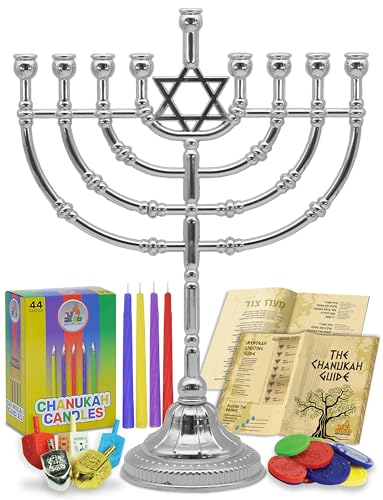 Hanukkah Menorah Complete Set - Menorahs for Chanukah - Includes Menorah Hanukkah Candles Dreidels Play Coins Chanukah Guide