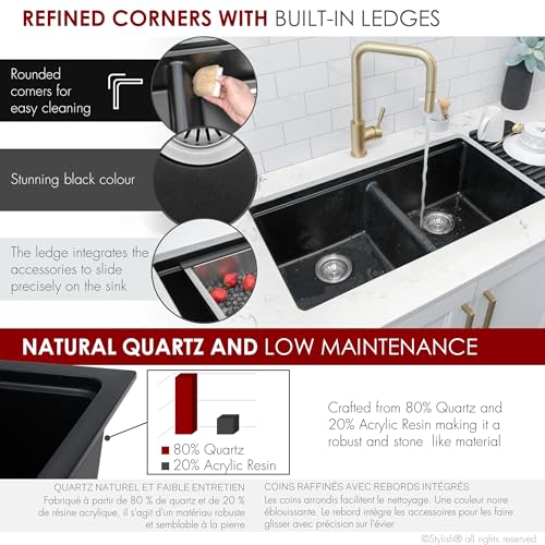 Image of Stylish 33 x 18 Inch Composite Granite Workstation Kitchen Sink, Double Bowl Under Mount & Drop in, 9.5 in Deep, with Bamboo Cutting Board, Roll-Up Drying Rack, Colander & Strainers, Black, S-833WN