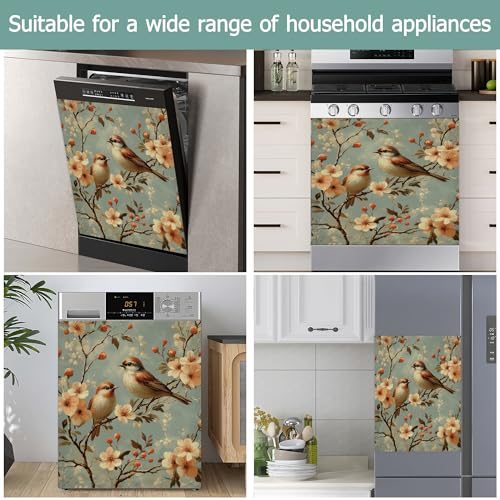 Image of Dishwasher Magnets Decorative Cover,Cute Bird Refrigerator Magnet Cover,Washable Spring Flowers Dishwasher Front Panel Cover Home Kitchen Decoration 23x26 Inch