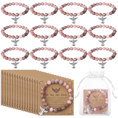 Quelay 12 Set Angel Bracelet Gifts with Greeting Card and Organza Bag Inspirational Pink Natural Stone Bracelets Encouragement Spiritual Jewelry Gifts for Women Faith Birthday Memorial Sympathy