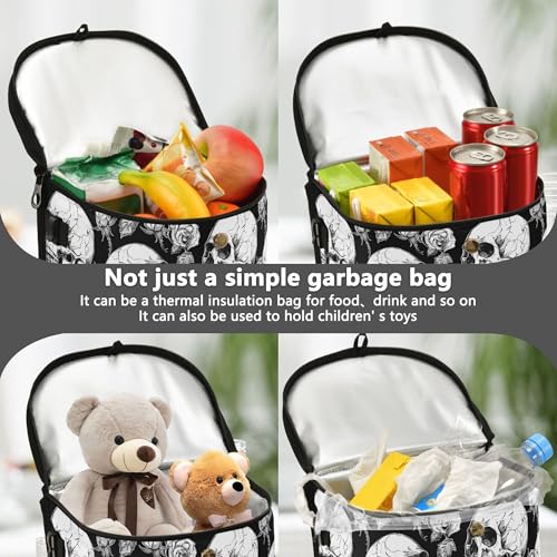 Image of MNSRUU Car Trash Can with Lid, Gothic Skulls and Flowers Car Trash Bag Hanging Organizers and Storage for Front Back Seat, Leak-Proof Trash Bin