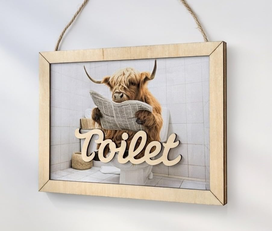 Funny Highland Cow Toilet Sign, Wooden Plaque, 16 x 12 cm, Bathroom Decor Accessorie Picture New Home Gift
