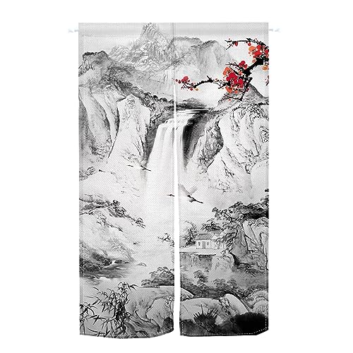 Chinese Traditional Ink Painting Doorway Curtain,Mountain Crane Bamboo Blossom Noren Tapestry for Wall Hanging, Japanese Noren Bedroom Partition Kithchen Divider Bathroom Door Decor, 33.5"x 59"