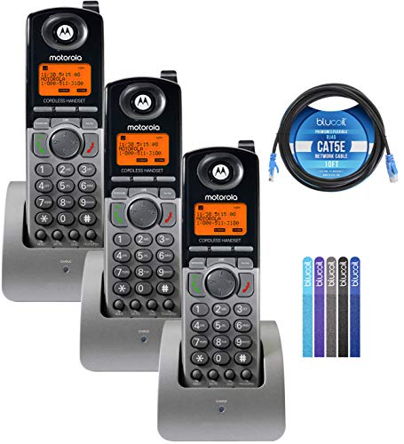 Motorola ML1200 DECT 6.0 Expandable 4-Line Cordless Handsets with Digital Receptionist and Voicemail (3-Pack) Bundle with Blucoil 10-FT 1 Gbps Cat5e Cable, and Reusable Cable Ties (5-Pack)