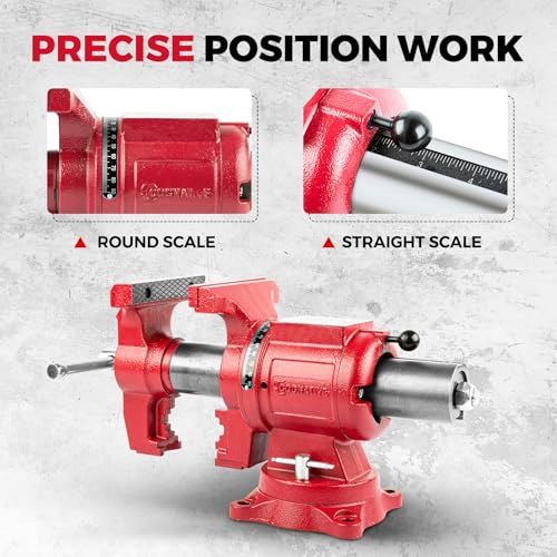 Image of Upgraded UPG 5-Inch Terminal Location Bench Vise with Ductile Iron Bench Vise 360 Multi-Purpose Bench Vice with Anvil and Positioning Pins, Clamp force 8800lbs, Red Swivel Vise