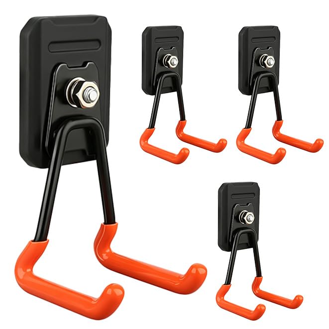 BEILITEMAG Heavy Duty Magnetic Garage Hooks 4 Pack Rubber Coated Strong Magnet Hooks for Power Drills Garden Tools Ropes Magnetic Storage Hooks for Workshop and Garage Organization (Orange)