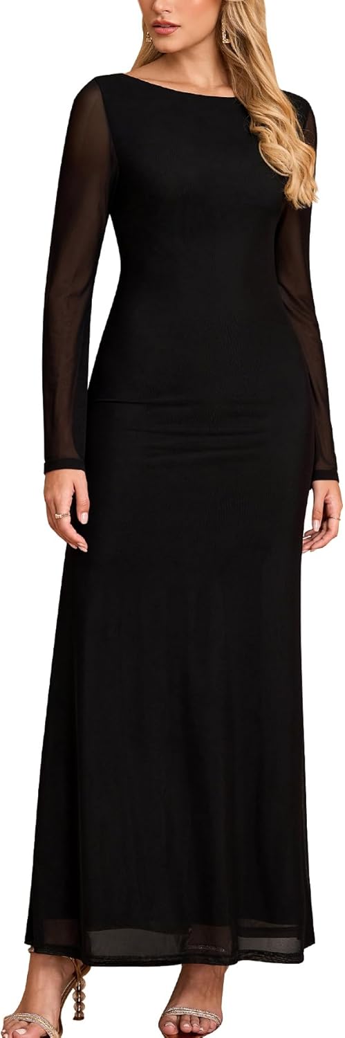 EYNMIN Long Sleeve Maxi Dress Backless Tie Bodycon Mesh 2025 Fall Formal Wedding Guest Dresses for Women