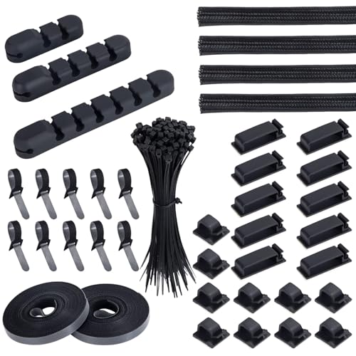 Kit de Gestion de Câbles 139 Pcs avec 4 Manchon de Câble Gaine, 3 Clips de Câble Bureau Silicone, 10+2 Sangles Câble Rallonge, 15 Clips Câbles Adhésifs et 100 Attaches Câble