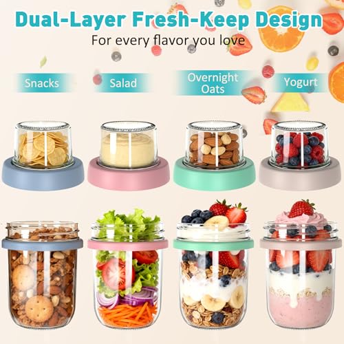 Image of 4 Pack 20 oz Overnight Oats Containers with Lids and Spoons, Glass | 16+4 oz Dual-Layer Glass Jars Dry and Wet Separation, Leak Proof, Good Grade, Reusable, Portable,For Oatmeal Salad Yogurt