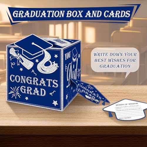 Image of AYGXU graduation card box Holder 2026 with 30pcs graduation cards,Graduation party Decorations,graduation box for gifts and Cards,graduation money box,Graduation Party favors Supplies-Royal Blue box
