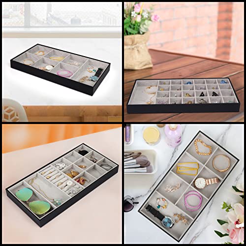 BELLE VOUS 3 Pack Black Faux Leather Stackable Jewellery Organiser Storage Trays - 18 x 36 x 3.6cm/7.09 x 14.17 x 1.42 Inches - Dresser Drawer Display Boxes for Necklaces, Rings, Bracelets & Earrings - Image 4