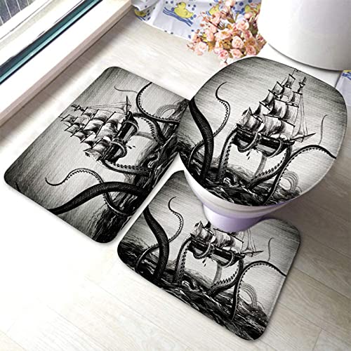 Badezimmerteppich-Set, 3-teilig, Comic-Ozean-Oktopus-Piratenschiff, waschbare Badeteppiche, rutschfest, mit Rückenpolster, Konturteppich und Toilettendeckelbezug