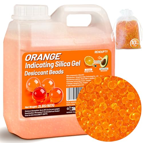 REHOUPTY Orange Silica Gel Regenerable Silica Desiccant 0.9 kg, 3-5 mm Indicator Silica Balls Desiccant for 3D Filament, Electronic Devices, Camera, Jewellery (Includes 10 Organza Bags)