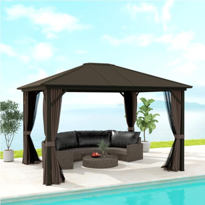 Close-up of solid hardtop roof and zipped mosquito netting on a brown aluminum gazebo