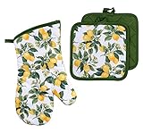 Summer Lemon Yellow Oven Mitt & Pot Holders 3pcs Kitchen Heat Resistant Potholders Set for Cooking...