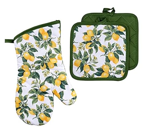 Summer Lemon Yellow Oven Mitts & Pot Holders 3pcs Kitchen Heat Resistant Potholders Set for Cooking Baking BBQ Gifts