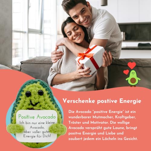 Pocket Hug Positive Avocado · Mutmachergeschenk für Freunde, Familie und Kollegen · Kreative Avocadofigur · Motivationsgeschenk & Glücksbringer deutsch · Handmade Woll-Avocado inkl. Zubehör