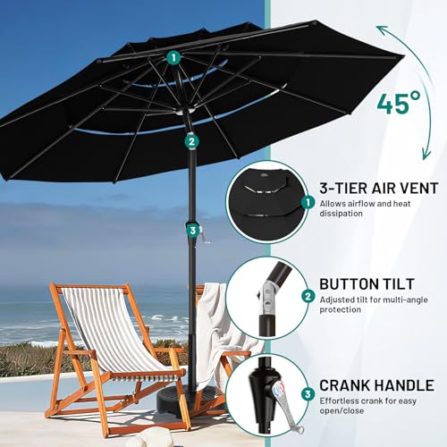 Image of AreShark 9ft 3-Tier Patio Umbrellas, Outdoor Umbrella with 8 Sturdy Ribs UV Protection Windproof, Market Table Umbrella w /Push Button Tilt & Crank for Pool, Porch, Deck, Garden(Black)