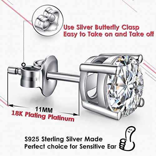 18K White Gold Plated Sparkling CZ Diamond Stud Earrings 925 Sterling Silver Cubic Zirconia Stud Earrings Hypoallergenic Simulated Diamond Stud Earrings for Women/Men 4MM-8MM4